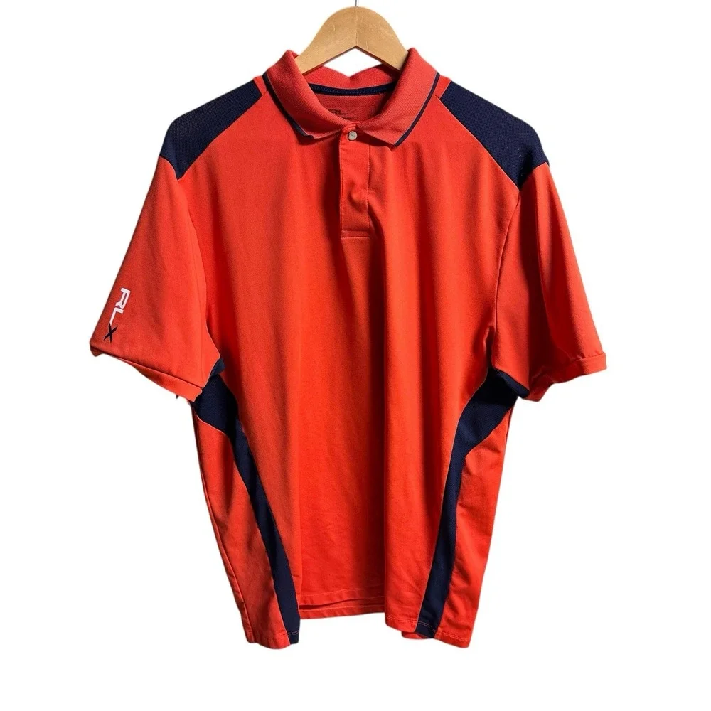 Polo Ralph Lauren RLX Orange Navy Blue Short Sleeve Shirt ‎ Size Large L